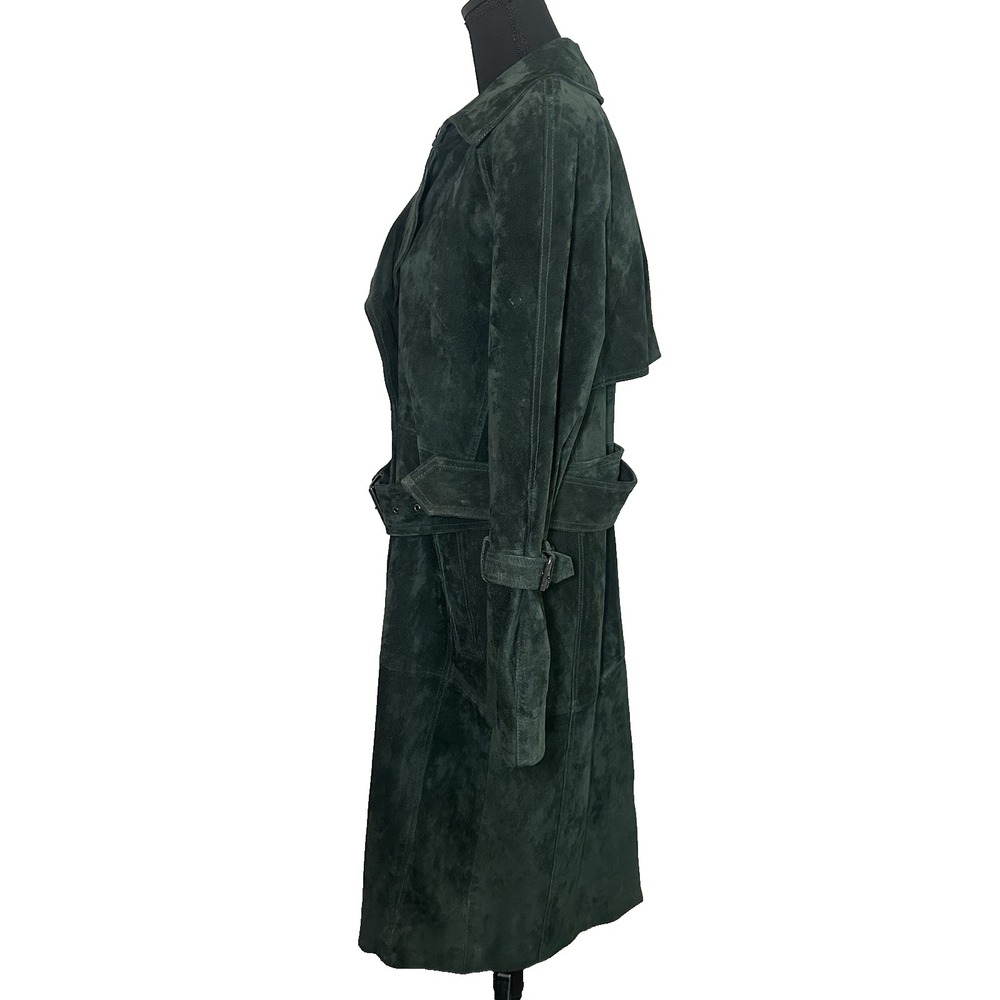 AVEC LES FILLES Foliage Green MEDIUM Genuine Suede Belted Trench Coat Luxury - Picture 3 of 16
